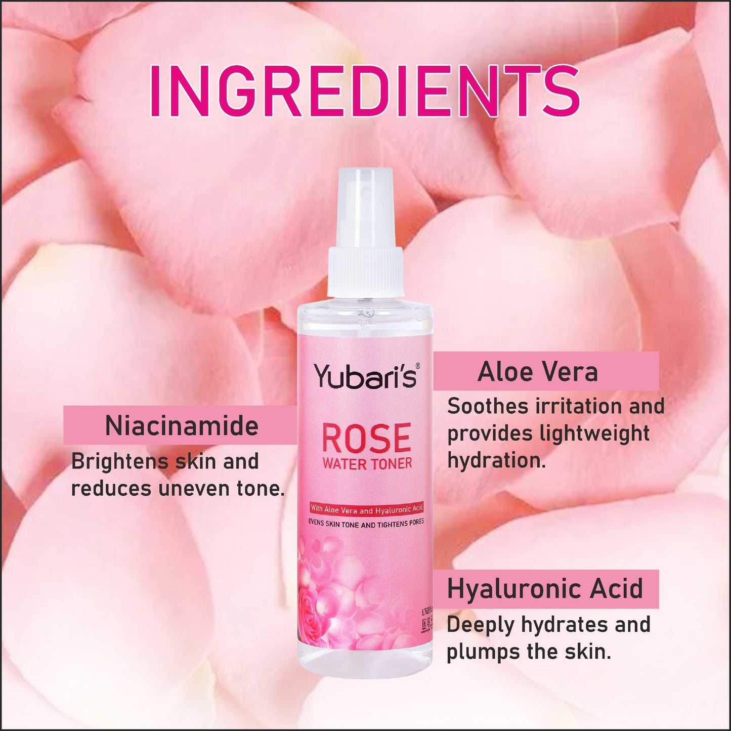 Rose Water Toner with Niacinamide, Hyaluronic Acid & Aloe Vera